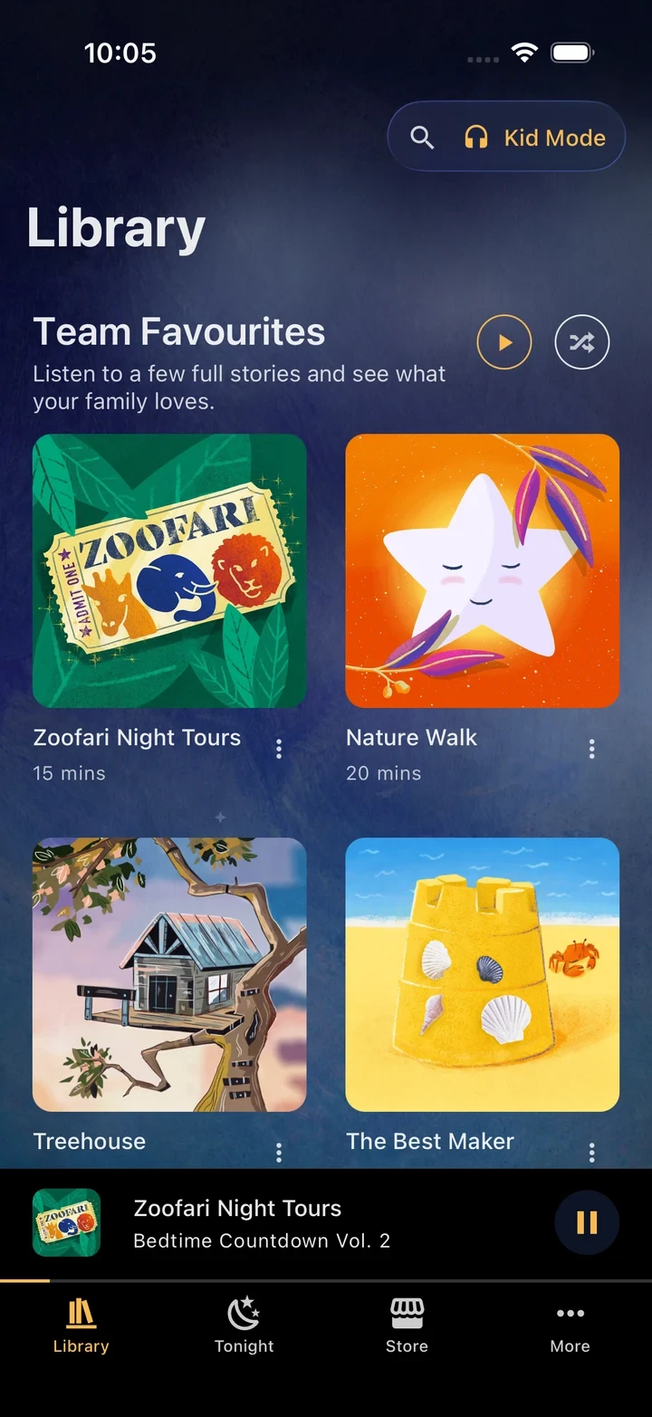 The Evergrace app Library showing Team Favourites and a growing collection of audio stories.