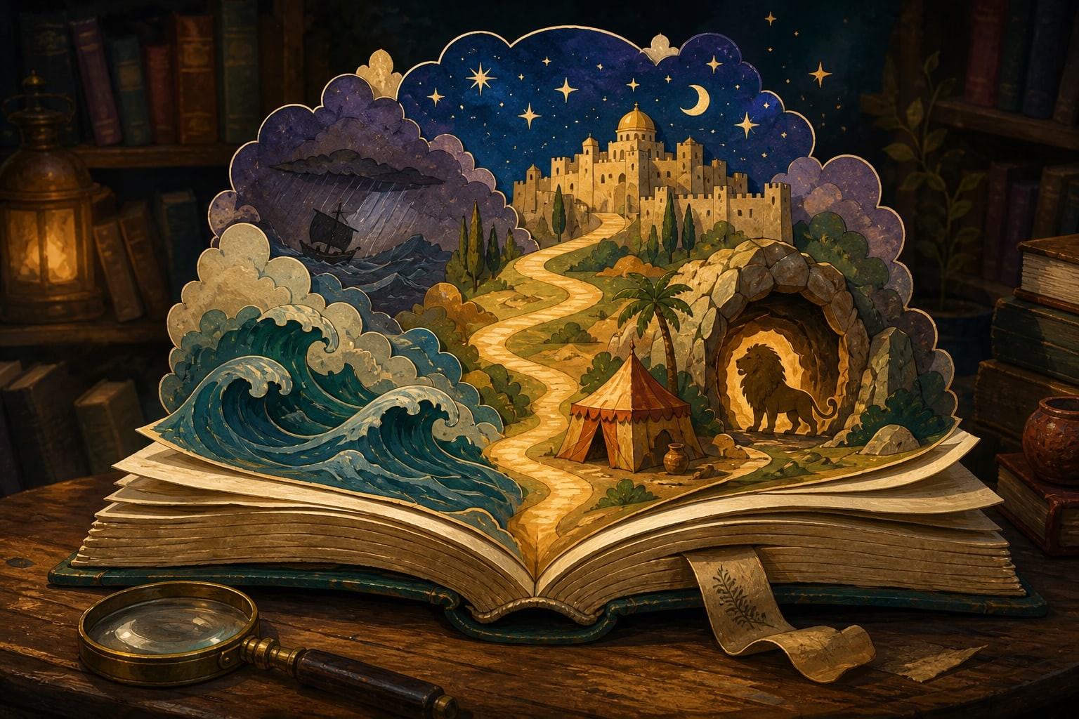 An illustrated open book unfolding into waves, a desert tent, a lion’s cave and a golden city beneath a starry sky.