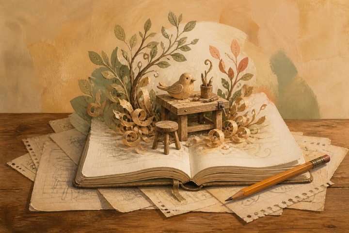 An illustrated open notebook from which a tiny wooden workbench, carved bird, curling shavings and leafy branches emerge.