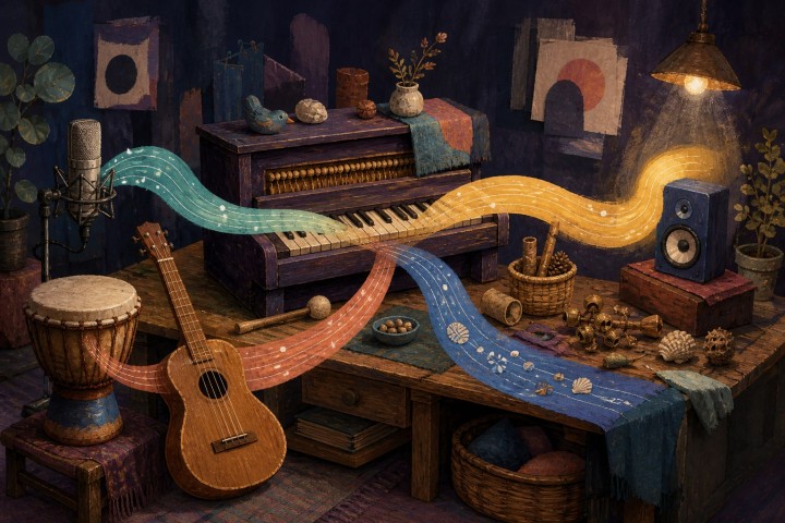 An illustrated home music studio where painted ribbons flow from a microphone, piano, drum and ukulele into a speaker.