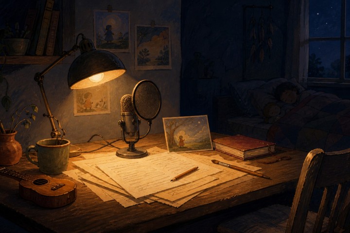 An illustrated home studio at night, with a microphone, scripts and instruments lit warmly while two children sleep nearby.