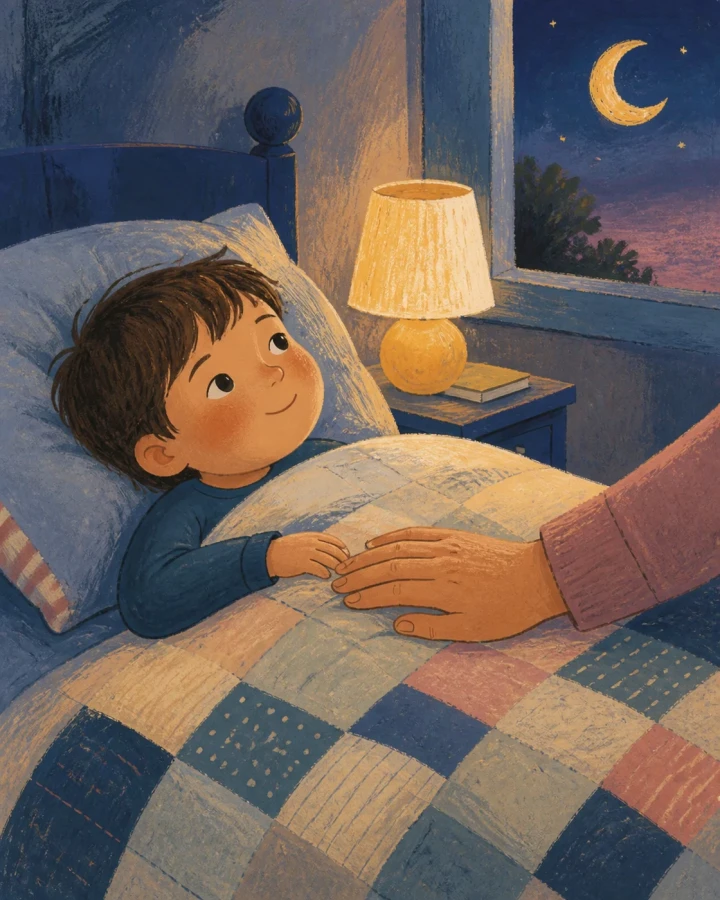 A child resting under a patchwork quilt while a parent keeps a reassuring hand nearby.