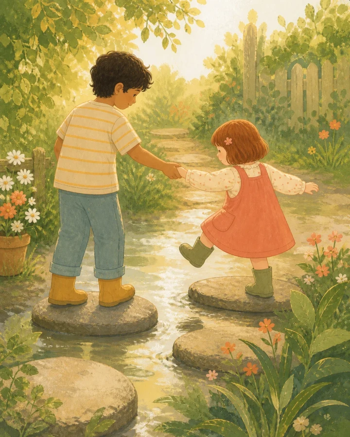 An olive-skinned boy with dark wavy hair helping a red-haired girl step across stones in a sunlit garden after rain.