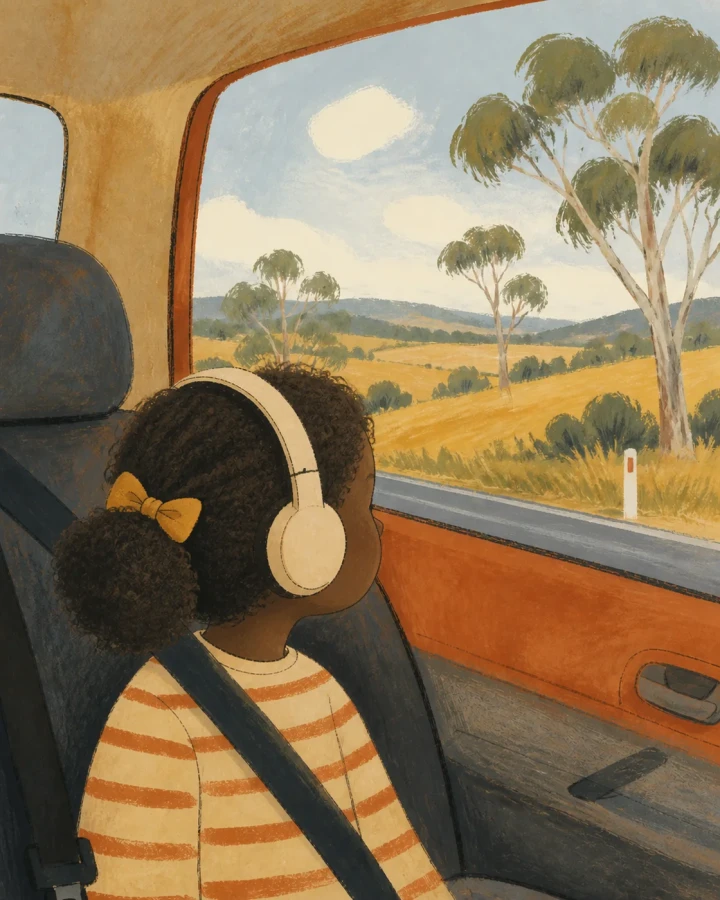 A Black girl with coily hair wearing headphones and looking out at sunlit Australian countryside during a car trip.