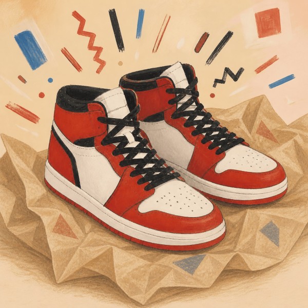Red, white and black high-top basketball shoes resting on ochre tissue paper.