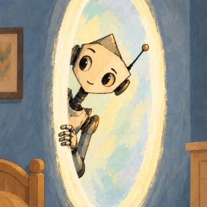 A curious cream-and-gold robot peeks through an oval portal into a blue-grey bedroom and gives a small smile.