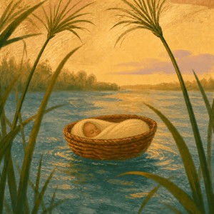 A sleeping baby wrapped in a basket floating among reeds on a calm Egyptian river.