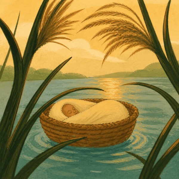 A sleeping baby wrapped in a basket floats on a calm river framed by tall reeds.