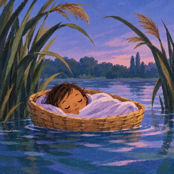 A sleeping baby wrapped in lilac rests in a woven basket among tall reeds on a quiet evening river.