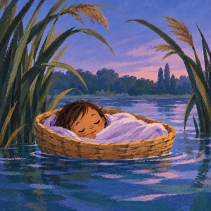 A sleeping baby wrapped in lilac rests in a woven basket among tall reeds on a quiet evening river.