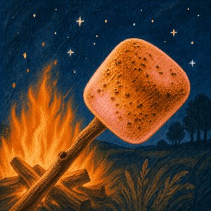 A crispy pink marshmallow toasting over stacked bonfire logs beneath a starry country sky.