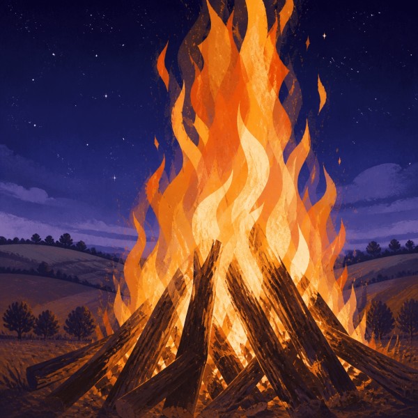 An enormous bonfire of crooked timber burns beneath a starry sky in rolling farm country.
