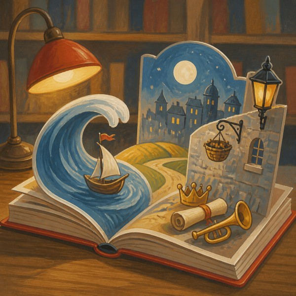 An open red book on a bookshop table, with a painted wave, sailboat, moonlit city, hanging basket, crown, scroll, lamp and trumpet rising from its pages.