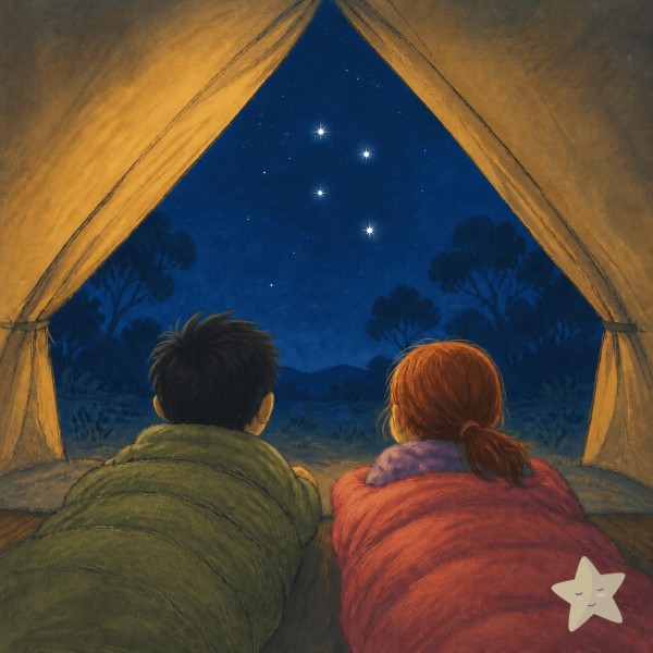 Two children in sleeping bags gaze through an open tent at the Southern Cross in a deep blue night sky.