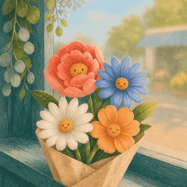 A cheerful bouquet of four smiling coral, blue, cream and orange flowers wrapped in brown paper on a florist's windowsill.