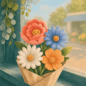 A cheerful bouquet of four smiling coral, blue, cream and orange flowers wrapped in brown paper on a florist's windowsill.