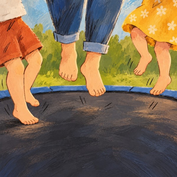 A mother and two children bouncing on a trampoline, shown from their legs down.