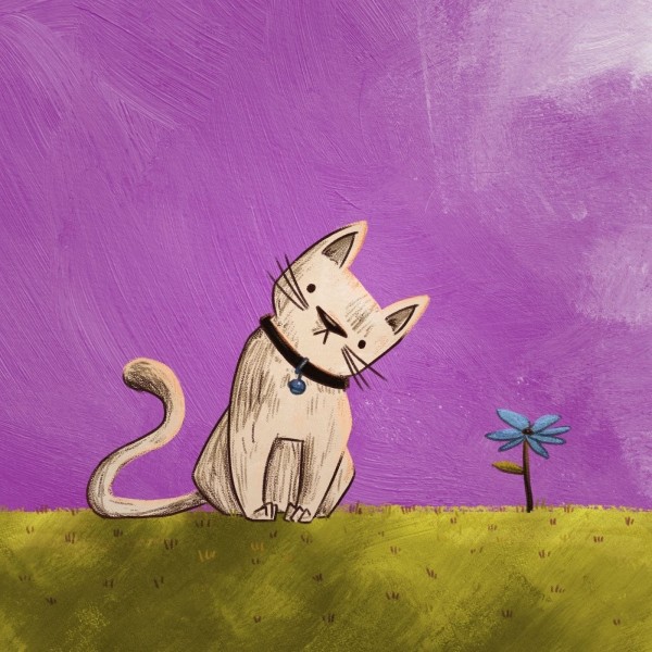 A cream and grey cat sitting beside a blue flower on the grass beneath a purple sky.