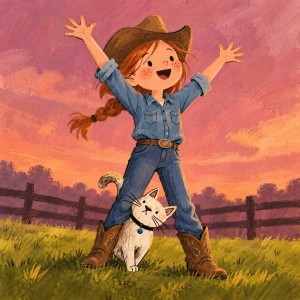 A joyful young cowgirl in denim raises her arms above a seated cat in a grassy paddock at sunset.
