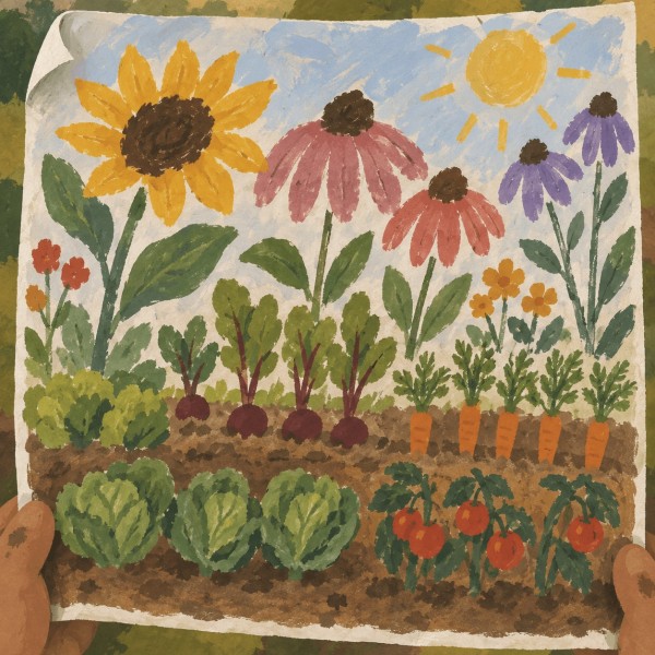 Two soil-marked hands hold a child's colourful painting of a vegetable garden and flowers.