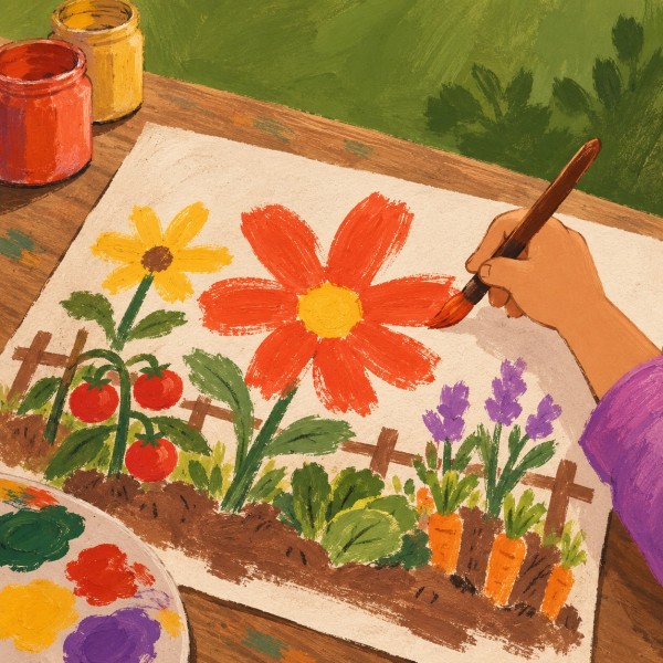 A child's hand painting a red flower in a garden picture, with paints and a palette nearby.