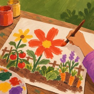 A child's hand painting a red flower in a garden picture, with paints and a palette nearby.