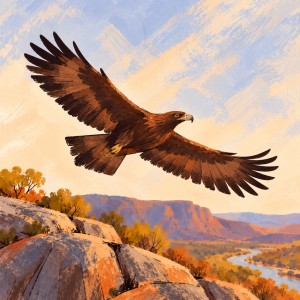 A dark-brown eagle glides above granite ridges and a winding river.
