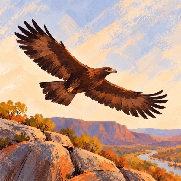 A dark-brown eagle glides above granite ridges and a winding river.