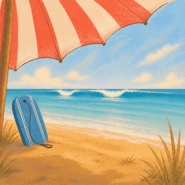 A blue bodyboard with a wrist strap rests in the sand beneath a striped beach umbrella, facing distant curling ocean waves.