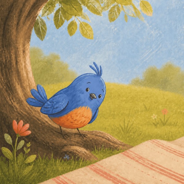 A blue-and-orange bird perched on a curved tree root beside a striped picnic blanket in a sunny backyard.