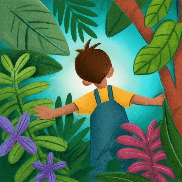 A child parts tropical foliage to discover a bright swimming hole.