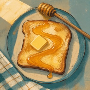 An illustrated slice of buttered toast on a plate with amber honey and a wooden honey dipper.
