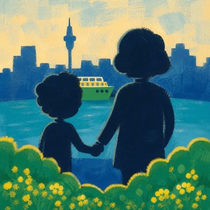 A child and grandmother hold hands while looking across a harbour toward a ferry and city tower.
