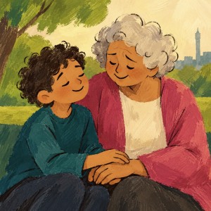 A curly-haired boy and his silver-haired grandmother sit close together in a park, smiling with closed eyes and holding hands.