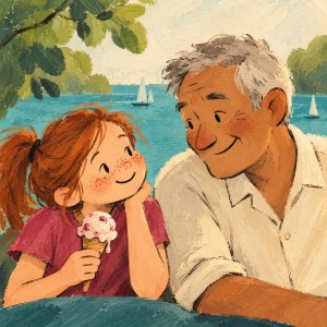 A ponytailed girl holds an ice-cream cone and smiles at her grandfather beside the harbour.