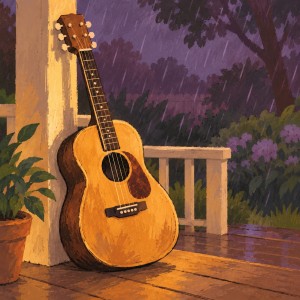 An acoustic guitar rests beneath a verandah while rain falls over a purple garden.