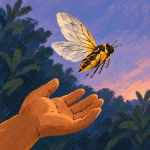 A yellow-and-black cicada hovers above an open hand in a softly coloured evening garden.