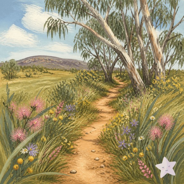 A winding bush path lined with pink, yellow and purple wildflowers curves beneath gum trees, with a small sleepy star badge in the lower-right corner.