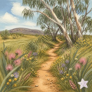A winding bush path lined with pink, yellow and purple wildflowers curves beneath gum trees, with a small sleepy star badge in the lower-right corner.