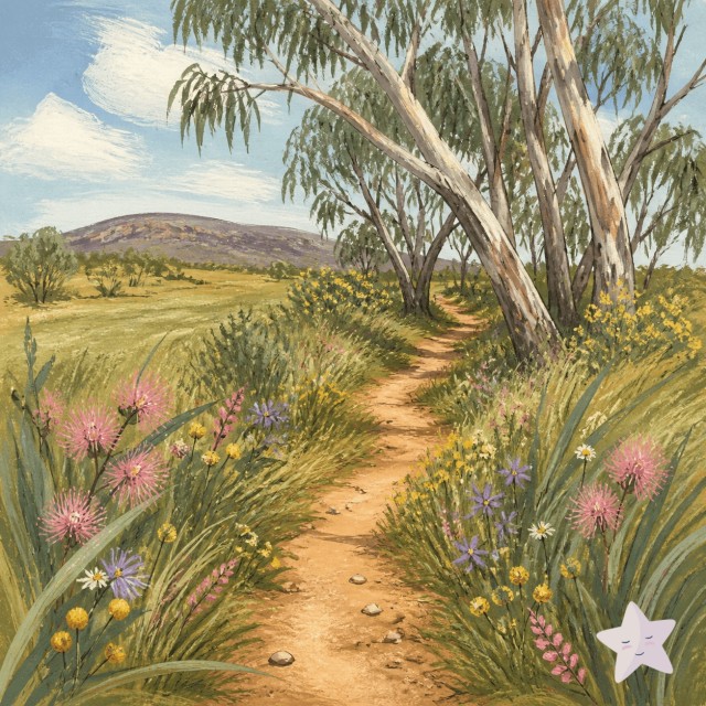 A winding bush path lined with pink, yellow and purple wildflowers curves beneath gum trees, with a small sleepy star badge in the lower-right corner.