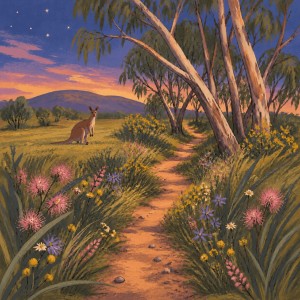 A brown kangaroo stands in a grassy clearing beside a winding bush path at twilight, framed by gum trees, wildflowers and the first stars.