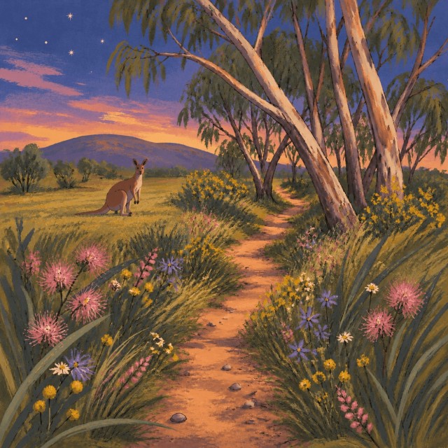 A brown kangaroo stands in a grassy clearing beside a winding bush path at twilight, framed by gum trees, wildflowers and the first stars.