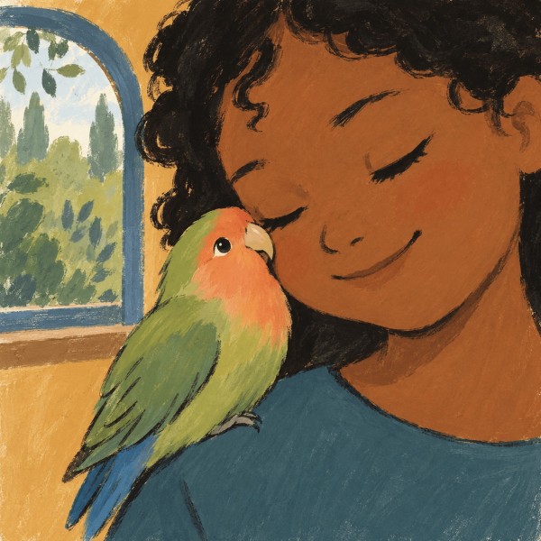 A girl with black curly hair smiles as her green-and-peach lovebird nestles against her cheek beside an arched window.