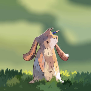 A bunny rabbit on grass with a pencil in his ear