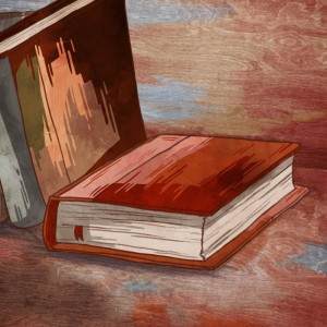 A plain red book in a bookshelf