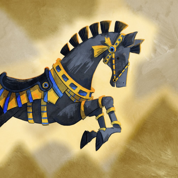 A dark Egyptian horse with pyramids in the background