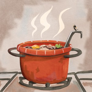 A 70s pot full of soup on the gas stove top