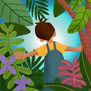 A child discovering something whilst walking through bushes