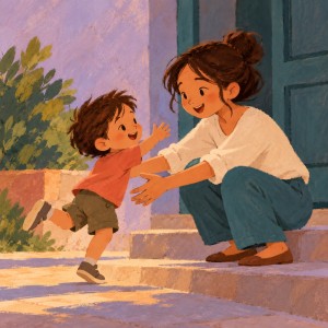 A mother crouches with open arms on a doorstep as a little child reaches towards her for a cuddle.
