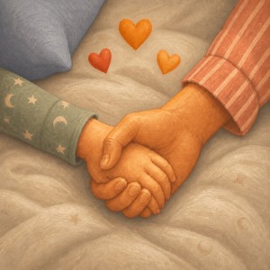 A child and parent hold hands on softly rumpled oatmeal bedding beneath three painted hearts.